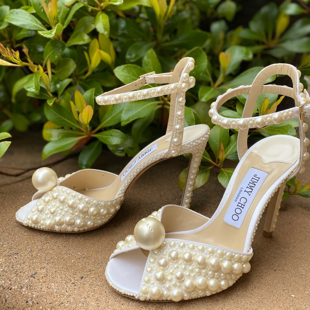 New Jimmy Choo Sacora 100 White Satin Sandals with All Over Pearls 36 - Picture 13 of 17